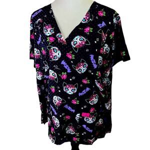 Betsey Johnson 2X Scrub Top Sugar Skull Cat, V-Neck, Halloween/Day of the Dead